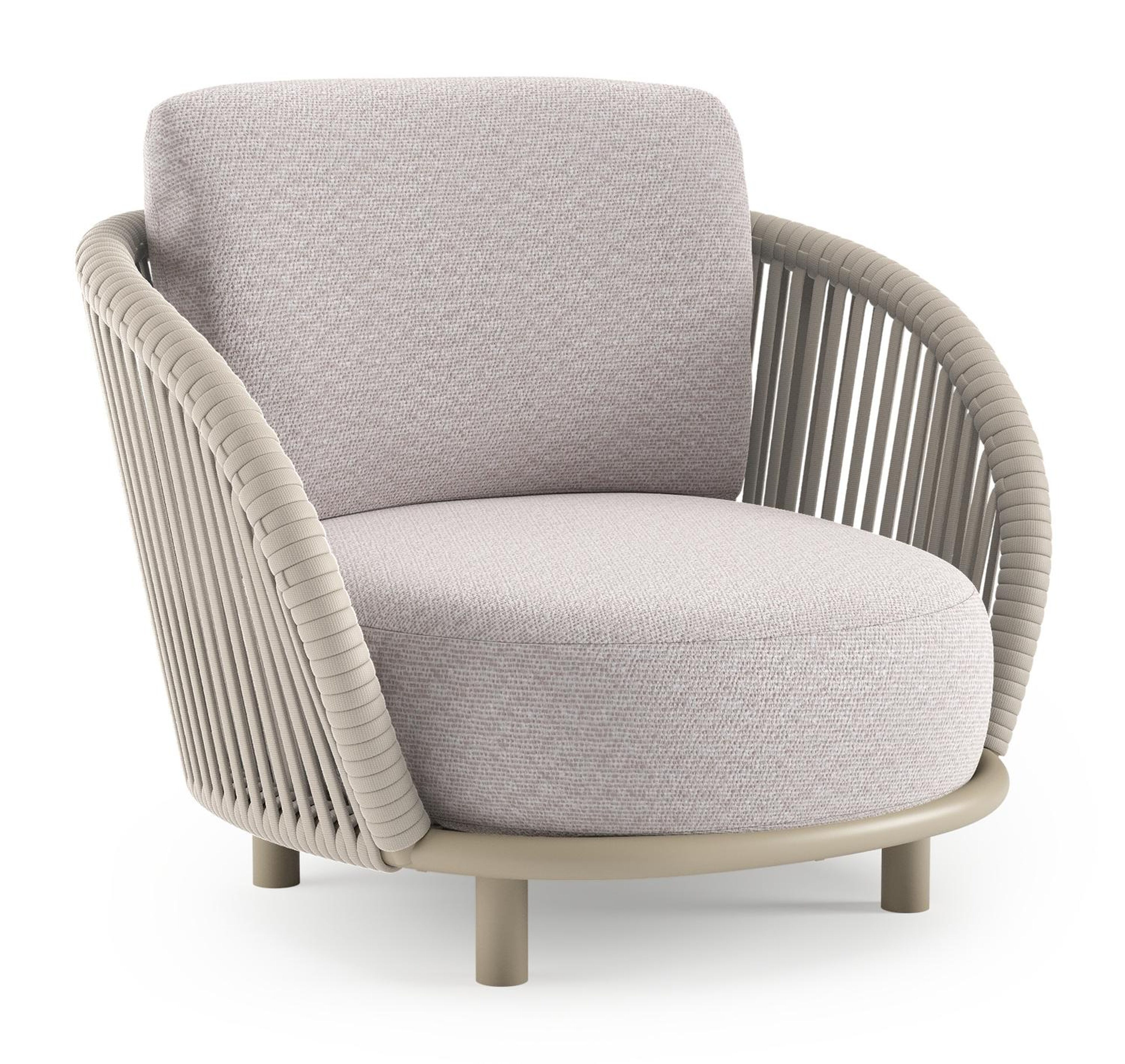 Lupino loungestoel in beige aluminium en beige verticaal geweven luxe vlakke brede rope met wander gobi all weather sunbrella® luxe kussen