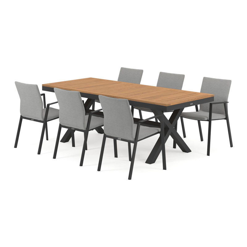 Reza tuinset in zwart aluminium en naturel teak tafelblad met 6 stapelbare Madura tuinstoelen