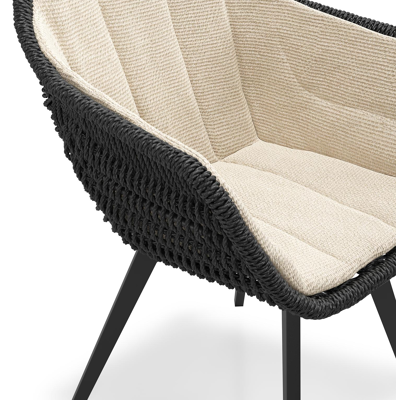 Pagino tuinstoel in zwart aluminium en zwart ronde wicker met zitkussen in All Weather Cosytica Althea Chalk