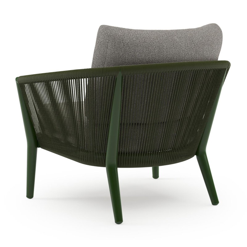 Orso loungestoel in groen aluminium en groen verticaal geweven ronde rope met Tundra Charcoal all weather sunbrella® luxe kussen