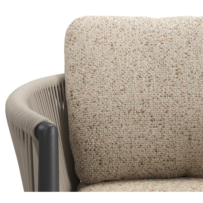 Organo tuinstoel in zwart aluminium en zwart verticaal geweven ronde rope met stoelkussen in All Weather Cosytica Bora Jungle