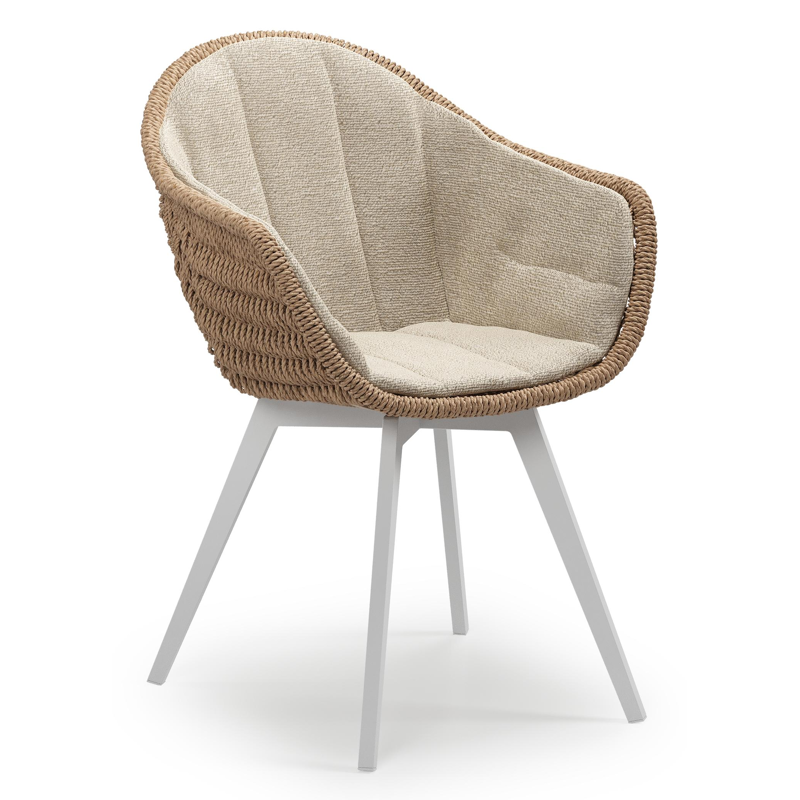 Pagino tuinstoel in wit aluminium en naturel ronde wicker met zitkussen in All Weather Cosytica Marbella Sand