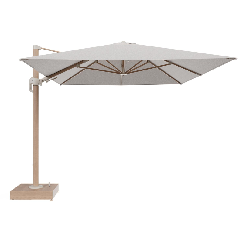 Rufina zweefparasol met tiltfunctie in houtlook aluminium en Tundra Sand All Weather Sunbrella® Luxe parasoldoek - L1 400 x L2 300 cm met parasolvoet Minore 150 kg met wielen