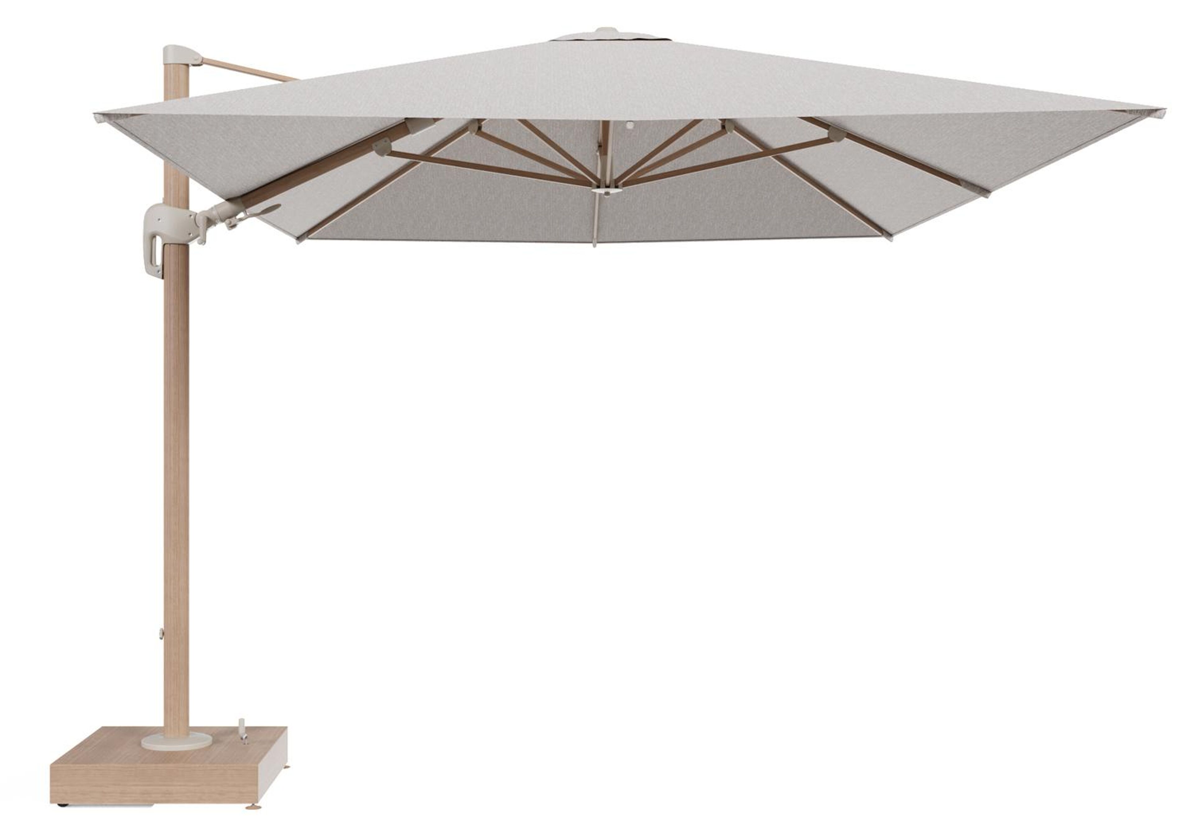 Rufina zweefparasol met tiltfunctie in houtlook aluminium en Tundra Sand All Weather Sunbrella® Luxe parasoldoek - L1 400 x L2 300 cm met parasolvoet Minore 150 kg met wielen