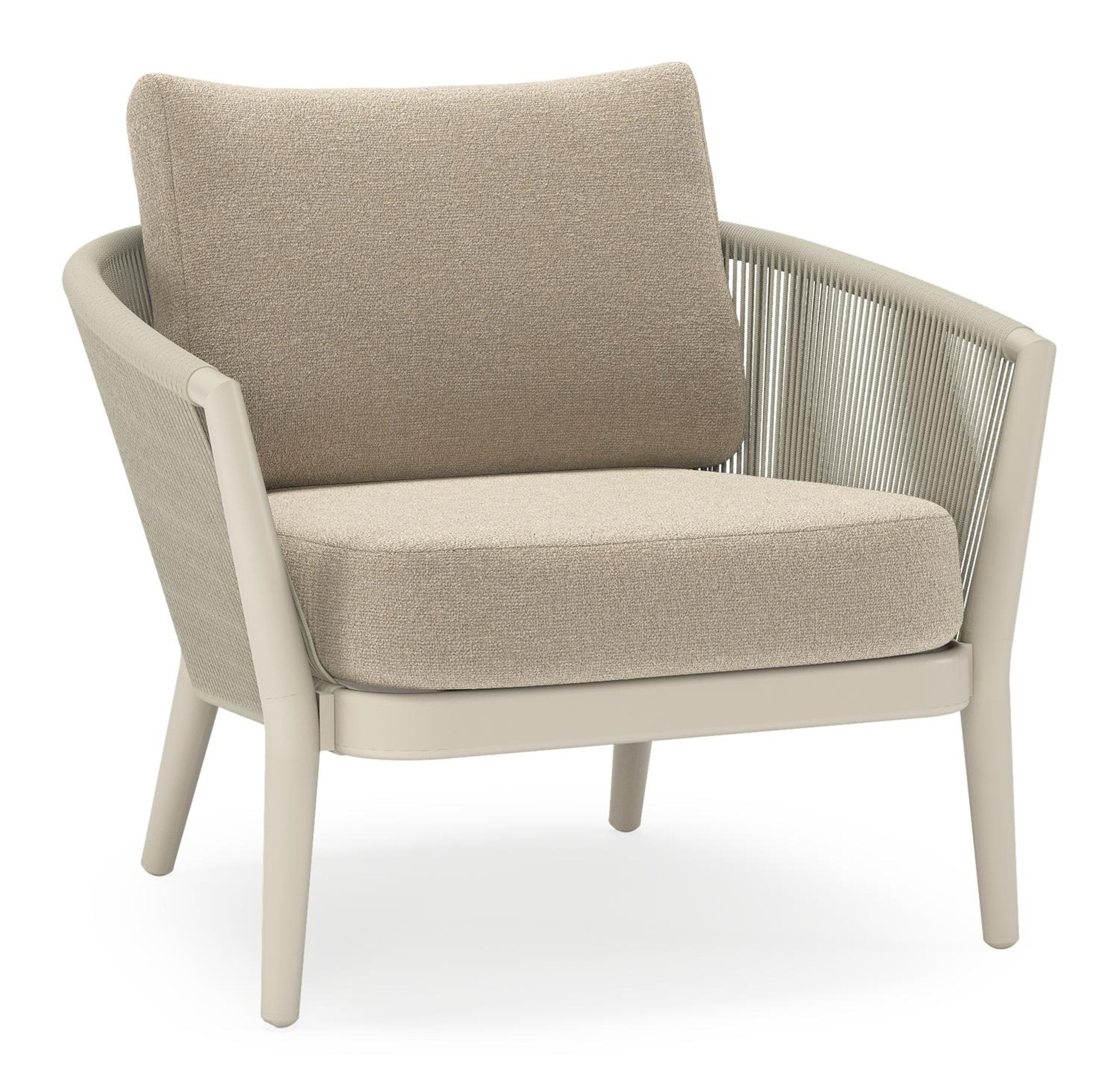 Orso loungestoel in beige aluminium en beige verticaal geweven ronde rope met Marbella Sand all weather cosytica kussen