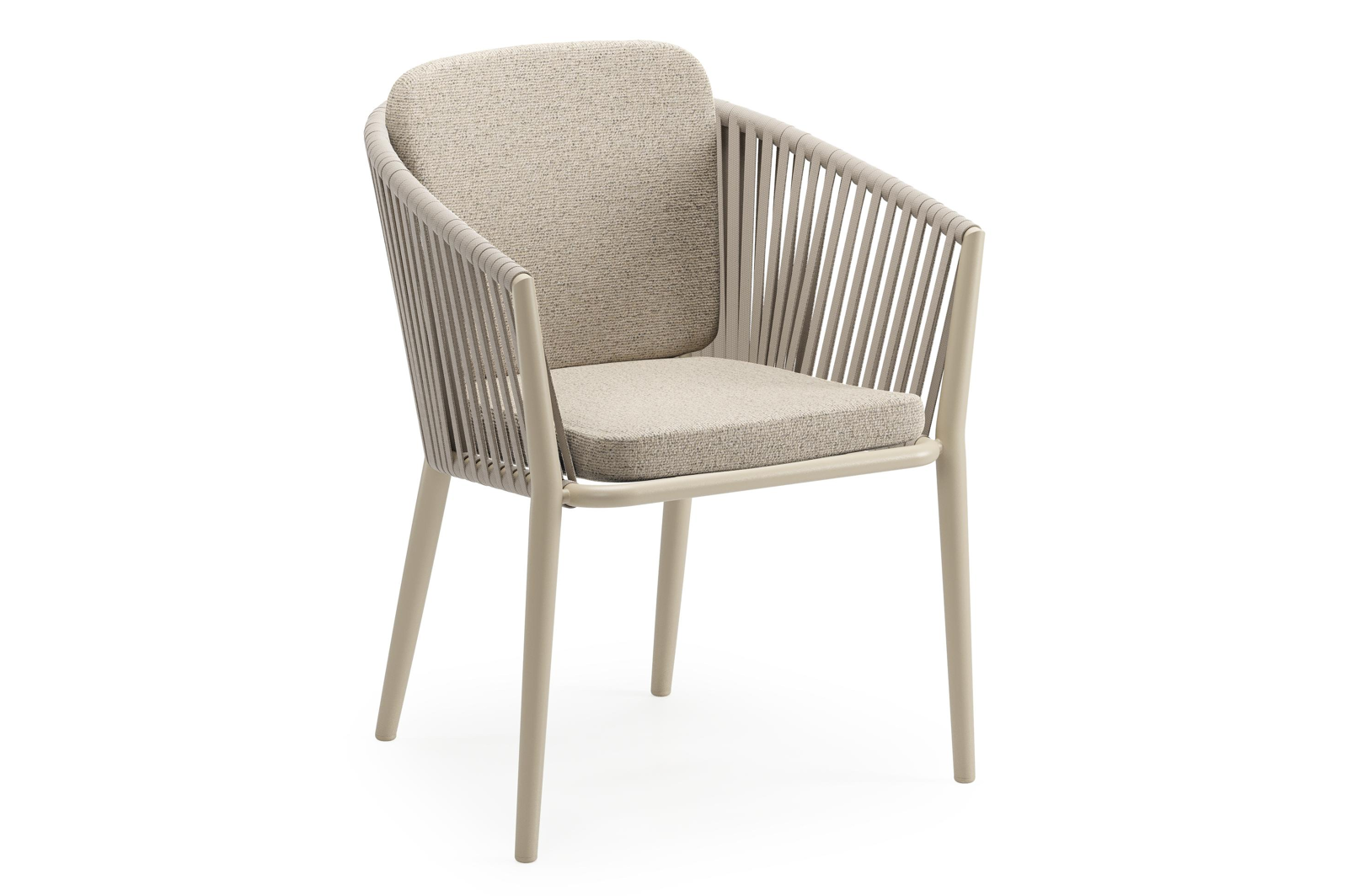 Orso tuinstoel in beige aluminium en beige verticaal geweven vlakke rope met Marbella Beige All Weather Cosytica kussen