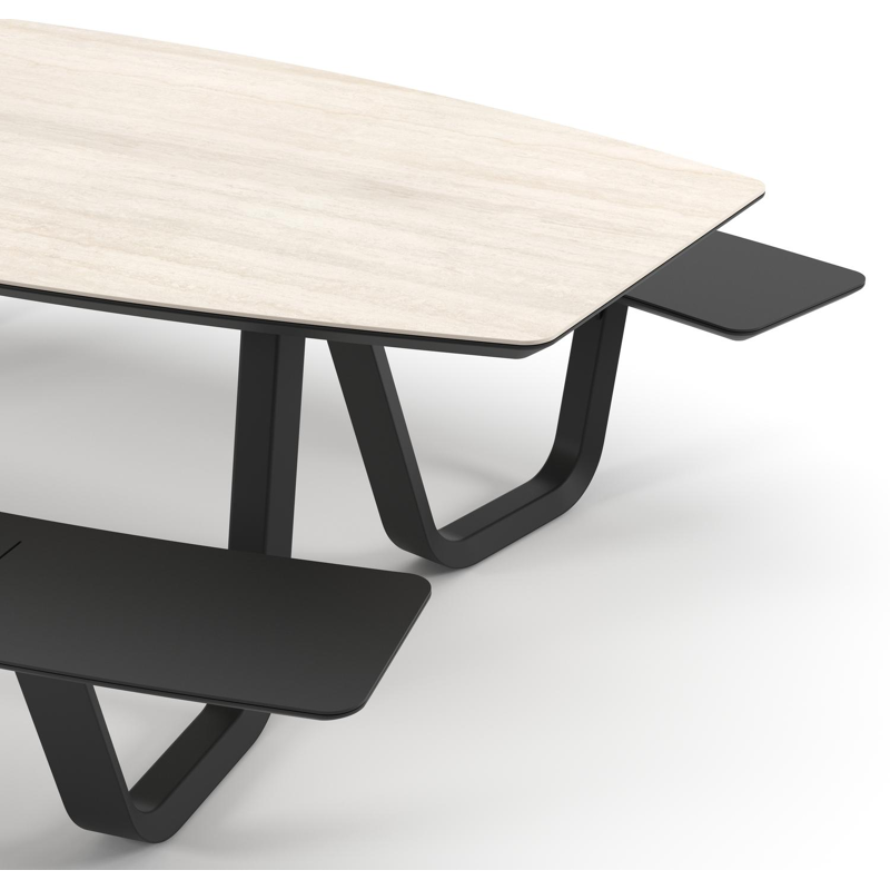 Forno picknicktafel bootvorm in zwart aluminium en volkeramiek Travertino Bianco - L 240 x B 181 x H 72 cm