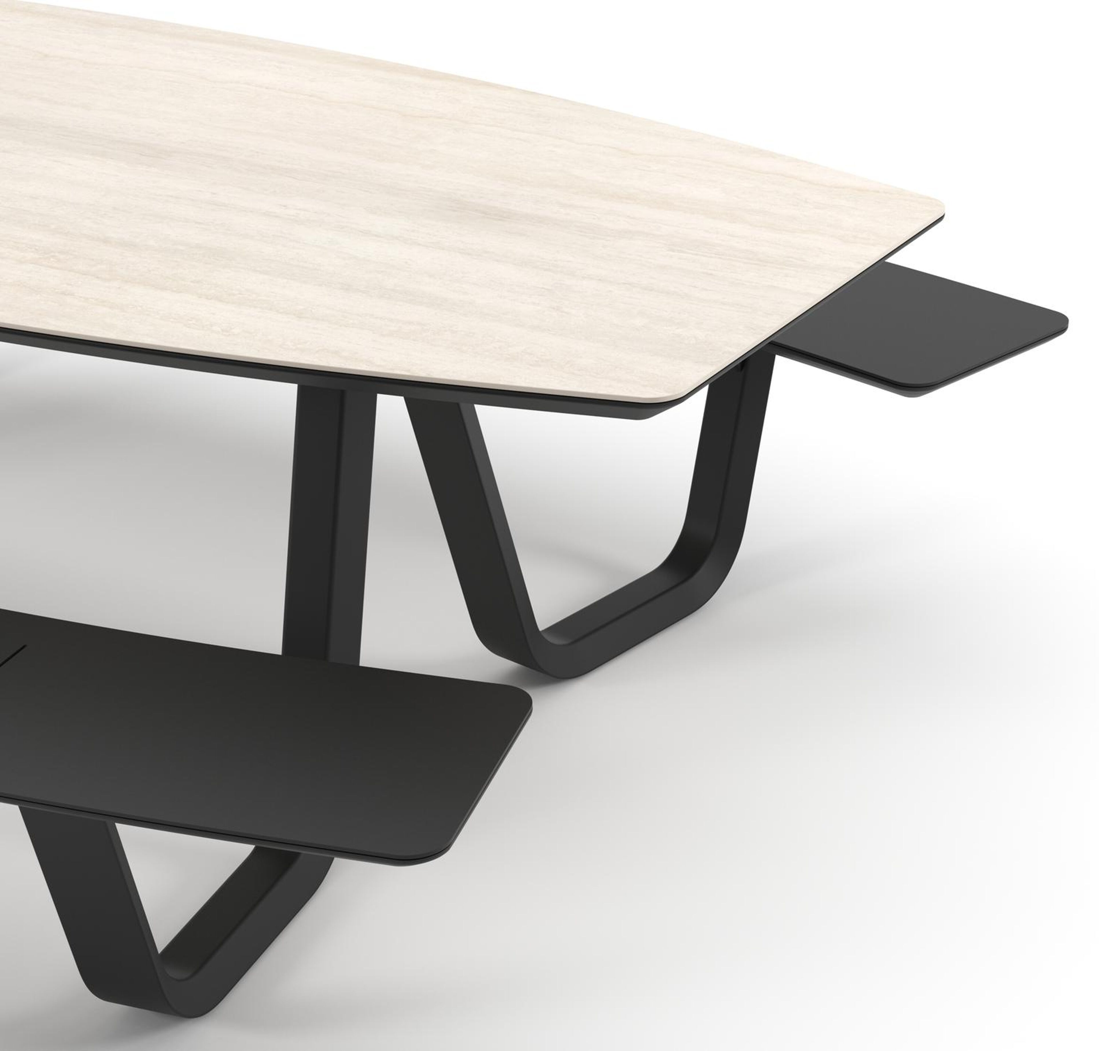 Forno picknicktafel bootvorm in zwart aluminium en volkeramiek Travertino Bianco - L 240 x B 181 x H 72 cm