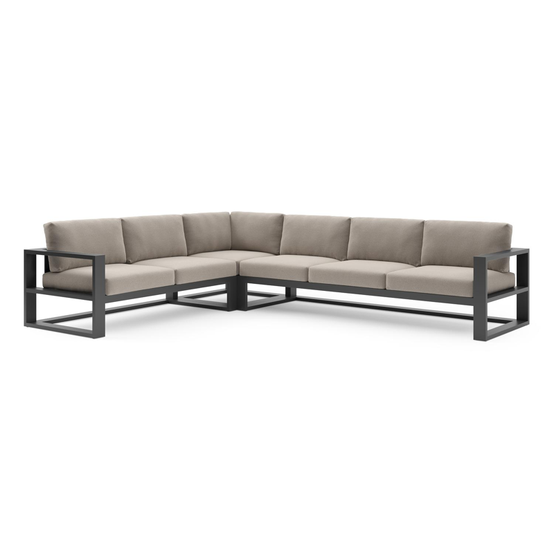 Verato loungehoek in zwart aluminium met savane coconut all weather sunbrella® luxe kussen