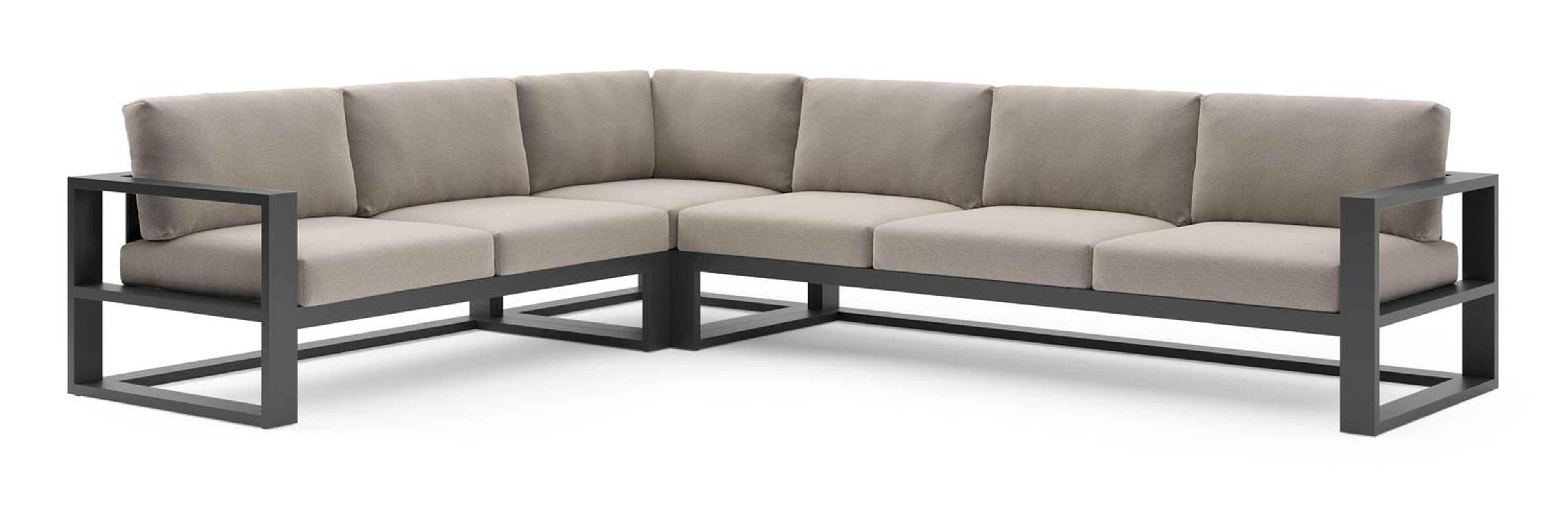 Salon de jardin d'angle Verato en aluminium noir et coussins en all weather sunbrella® luxe savane coconut