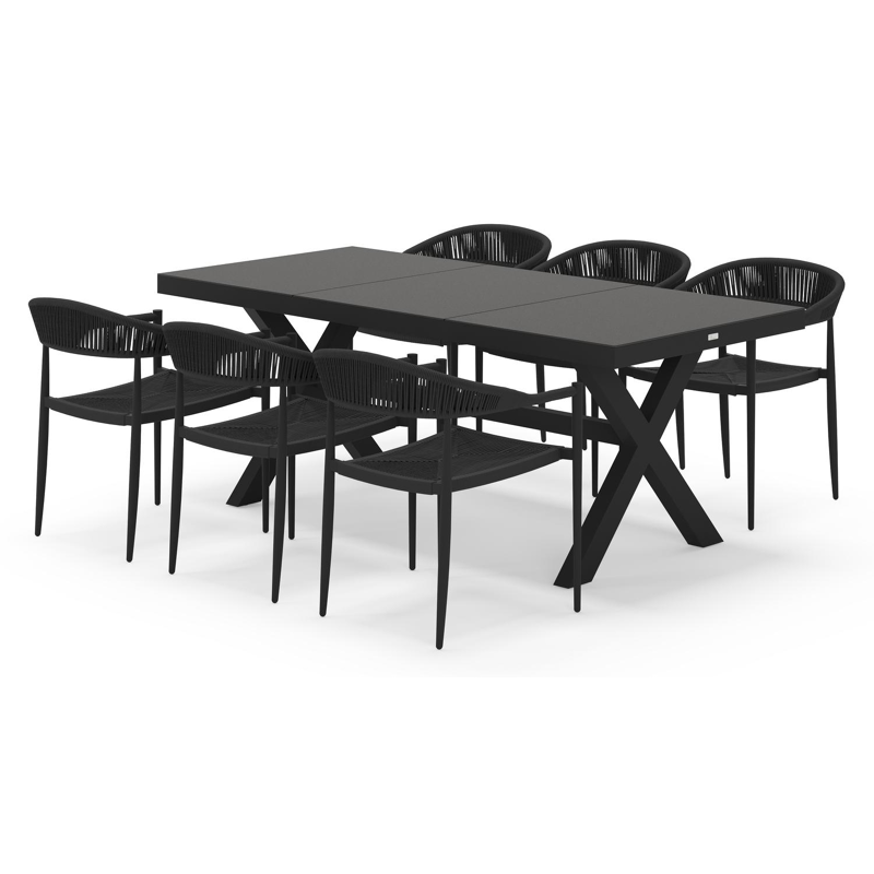 Bahia tuinset rechthoekig in zwart aluminium en sintered stone zwart met 6 Guarda tuinstoelen