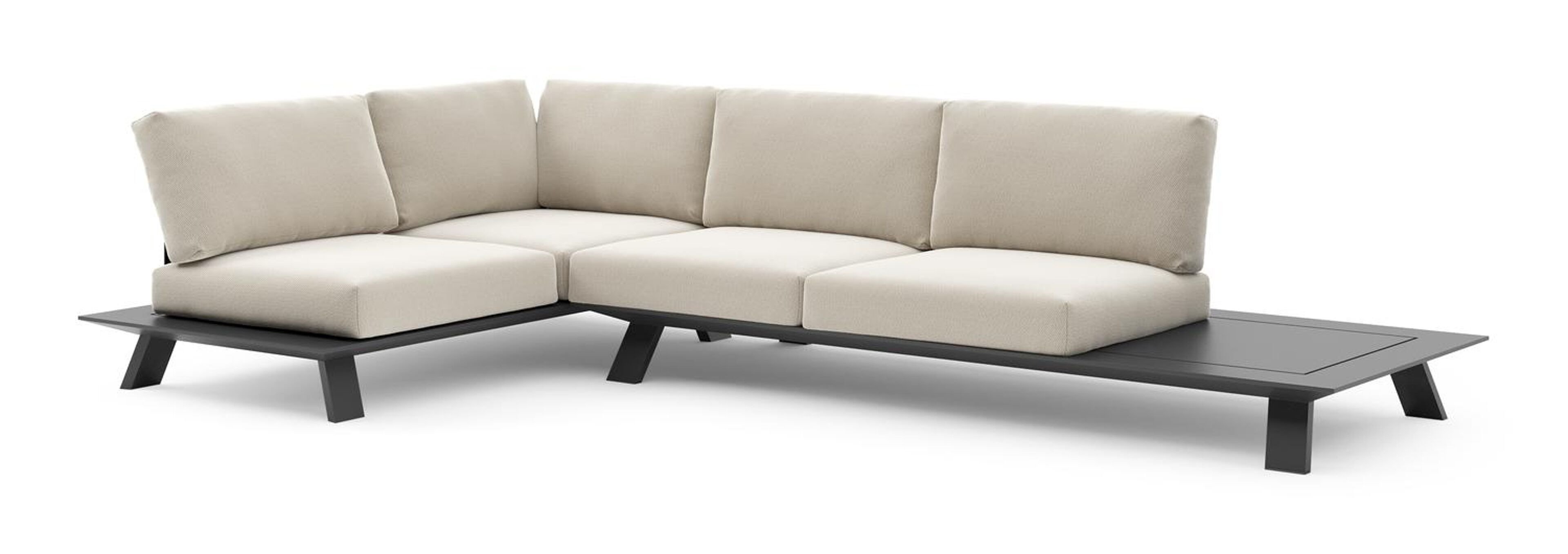 Salon de jardin d'angle Cesano en aluminium noir et coussin en all weather Sunbrella® luxe lopi marble