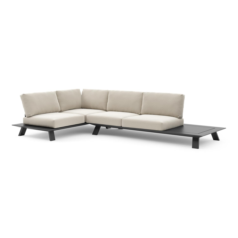 Salon de jardin d'angle Cesano en aluminium noir et coussin en all weather Sunbrella® luxe lopi marble