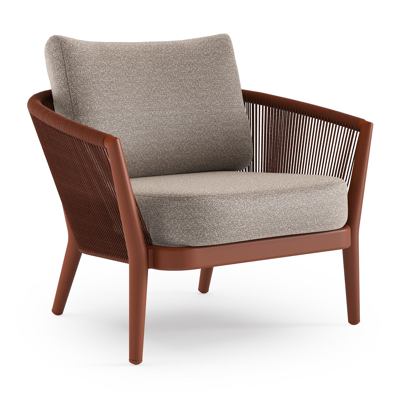 Fauteuil de jardin Orso en aluminium brun rouille en corde ronde tissée verticalement brun rouille et coussins en all weather sunbrella® luxe Wander Manioc