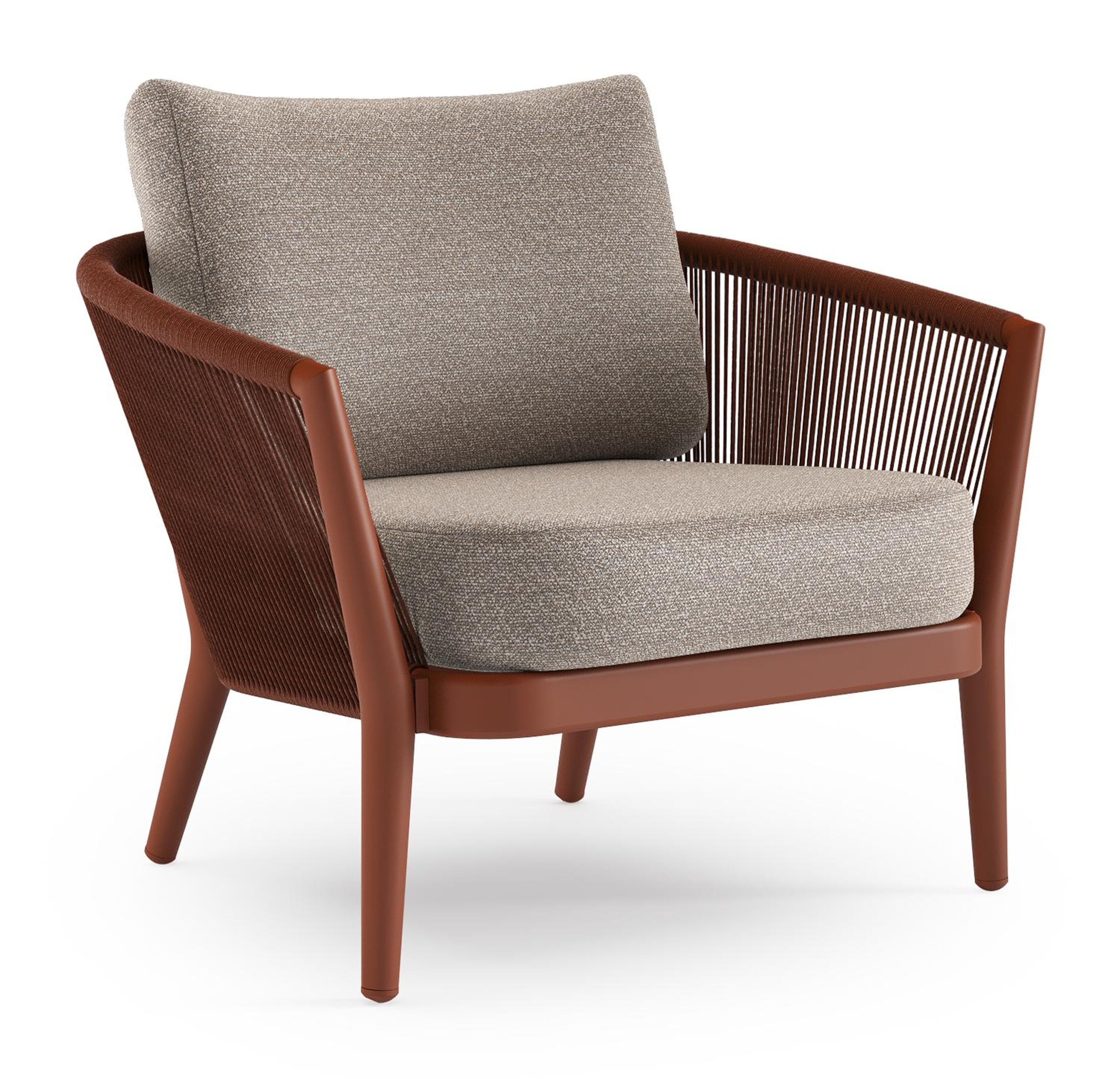 Orso loungestoel in roestbruin aluminium en roestbruin verticaal geweven ronde rope met Wander Manioc all weather sunbrella® luxe kussen