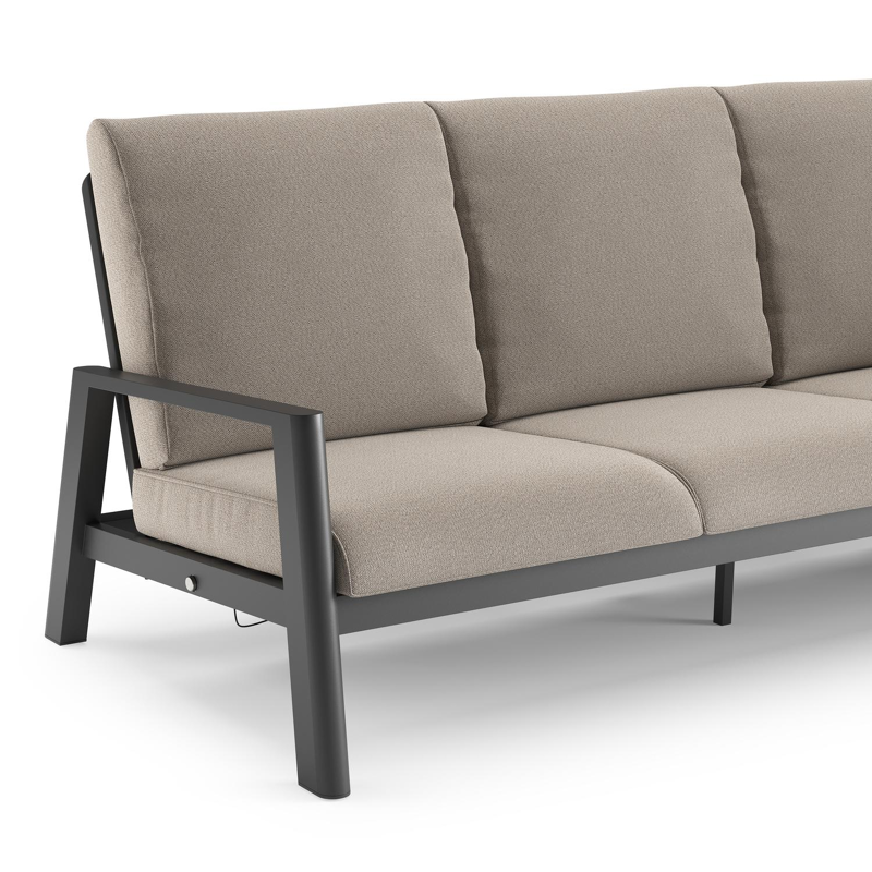 Canapé de jardin Cirello en aluminium noir et coussins en all weather sunbrella® luxe savane coconut