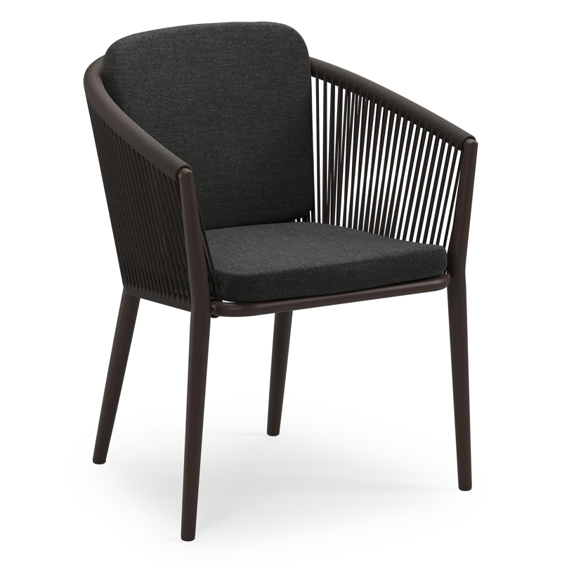 Chaise de jardin empilable Orso en aluminium brun foncé et corde ronde tissée verticalement brun foncé avec coussin en All Weather Sunbrella® Luxe Chartres Sooty