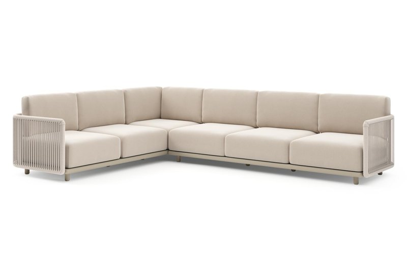 Organo loungehoek in beige aluminium en beige verticaal geweven luxe vlakke rope met lopi antique all weather Sunbrella® luxe kussen