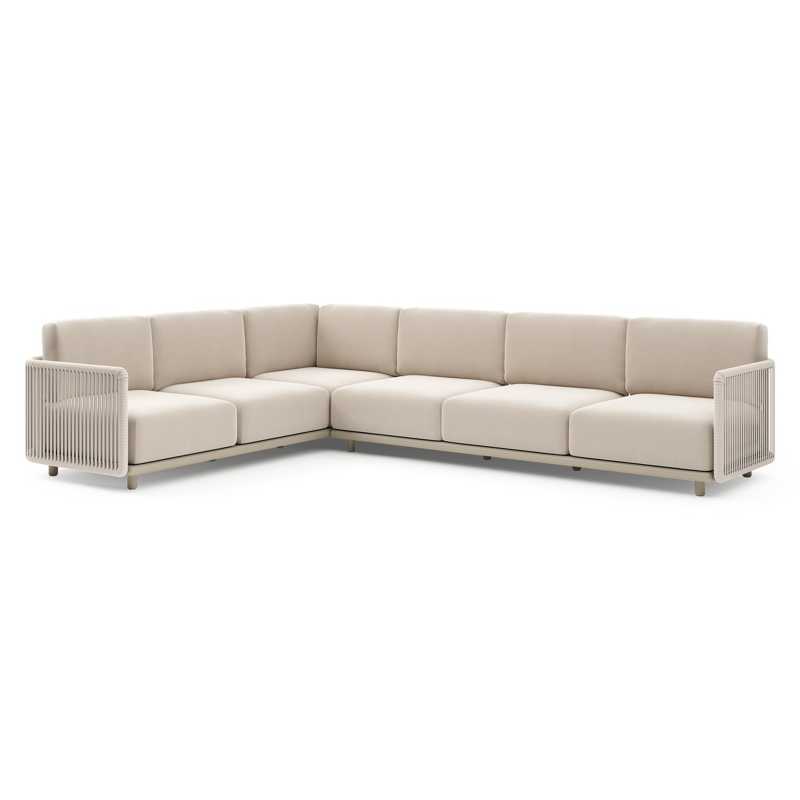 Organo loungehoek in beige aluminium en beige verticaal geweven luxe vlakke rope met lopi antique all weather Sunbrella® luxe kussen