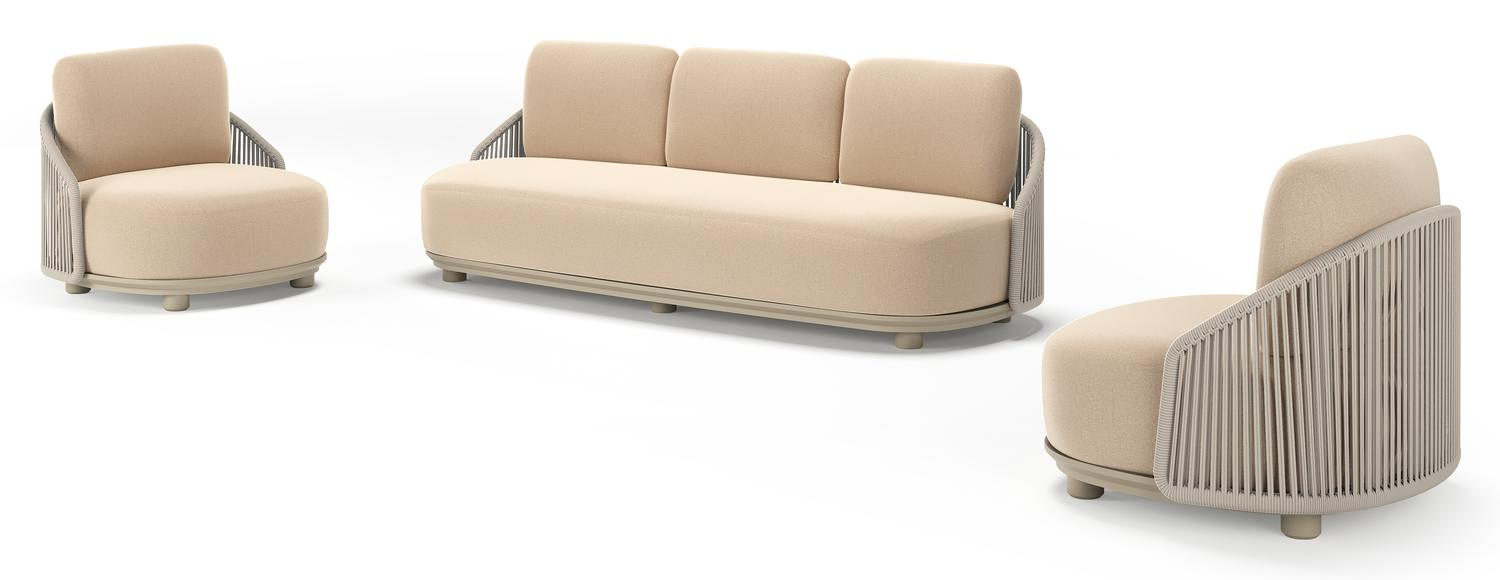 Vadelo loungeset in beige aluminium en beige verticaal geweven ronde rope met natte heather beige all weather sunbrella® luxe kussen