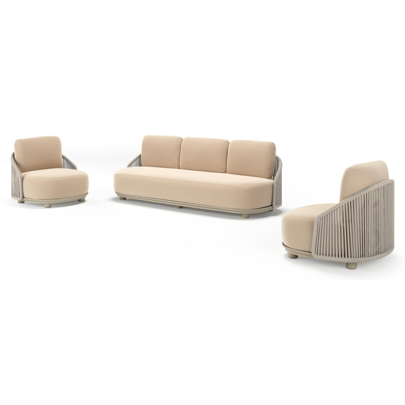 Salon de jardin Vadelo en aluminium beige et corde ronde tissée verticalement beige et coussins en all weather sunbrella® luxe natte heather beige