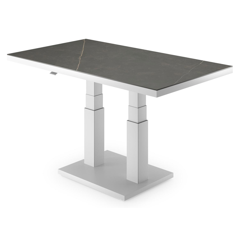 Table de basse pop-up Cirello rectangulaire en aluminium blanc et céramique pleine Calatorao - Lg. 140 x Lrg. 80 x Haut. 71 cm