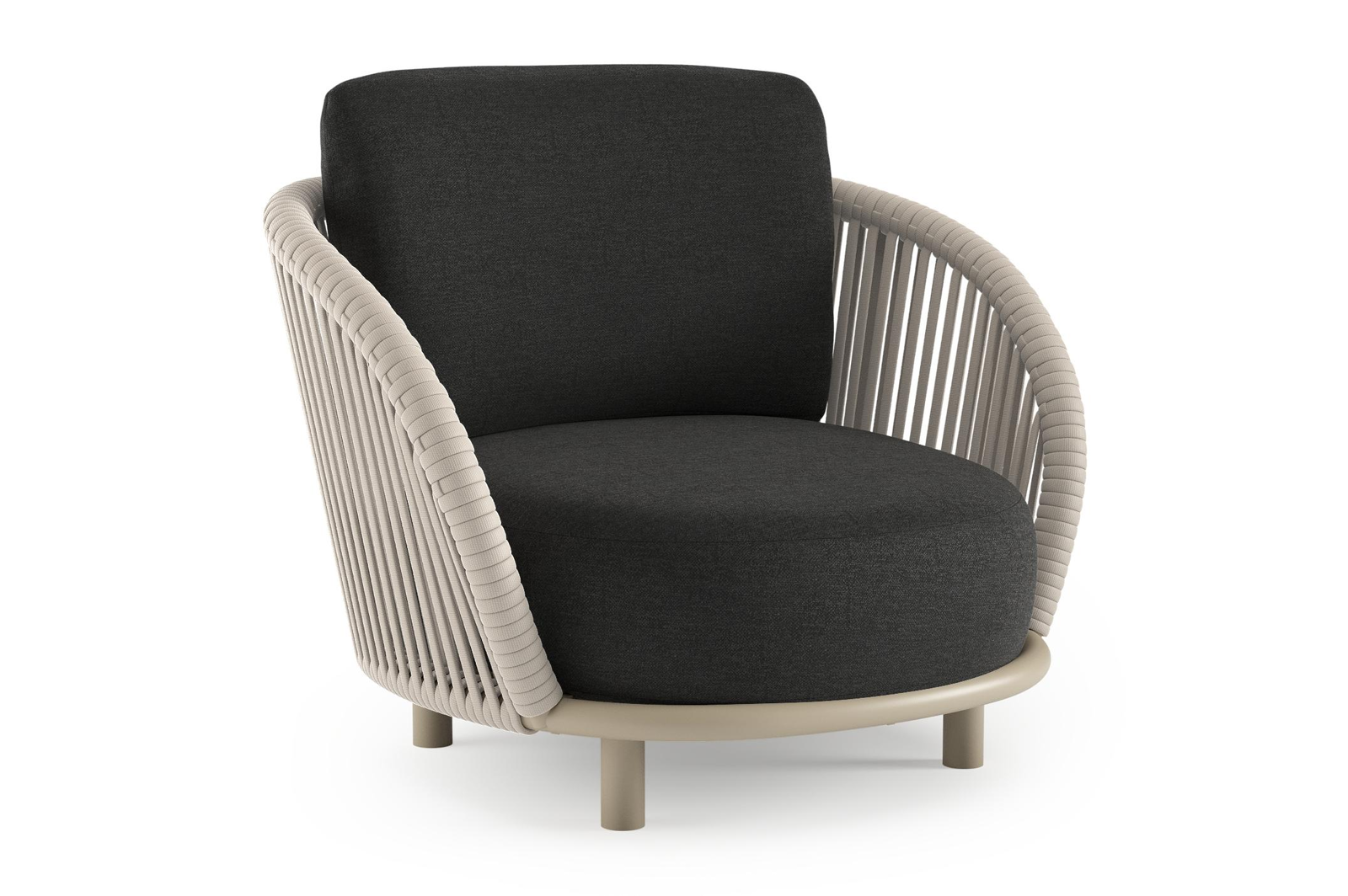 Lupino loungestoel in beige aluminium en beige verticaal geweven luxe vlakke brede rope met chartres sooty all weather sunbrella® luxe kussen