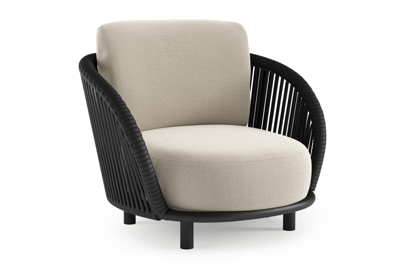 Lupino loungestoel in zwart aluminium en zwart verticaal geweven luxe vlakke brede rope met lopi marble all weather sunbrella® luxe kussen