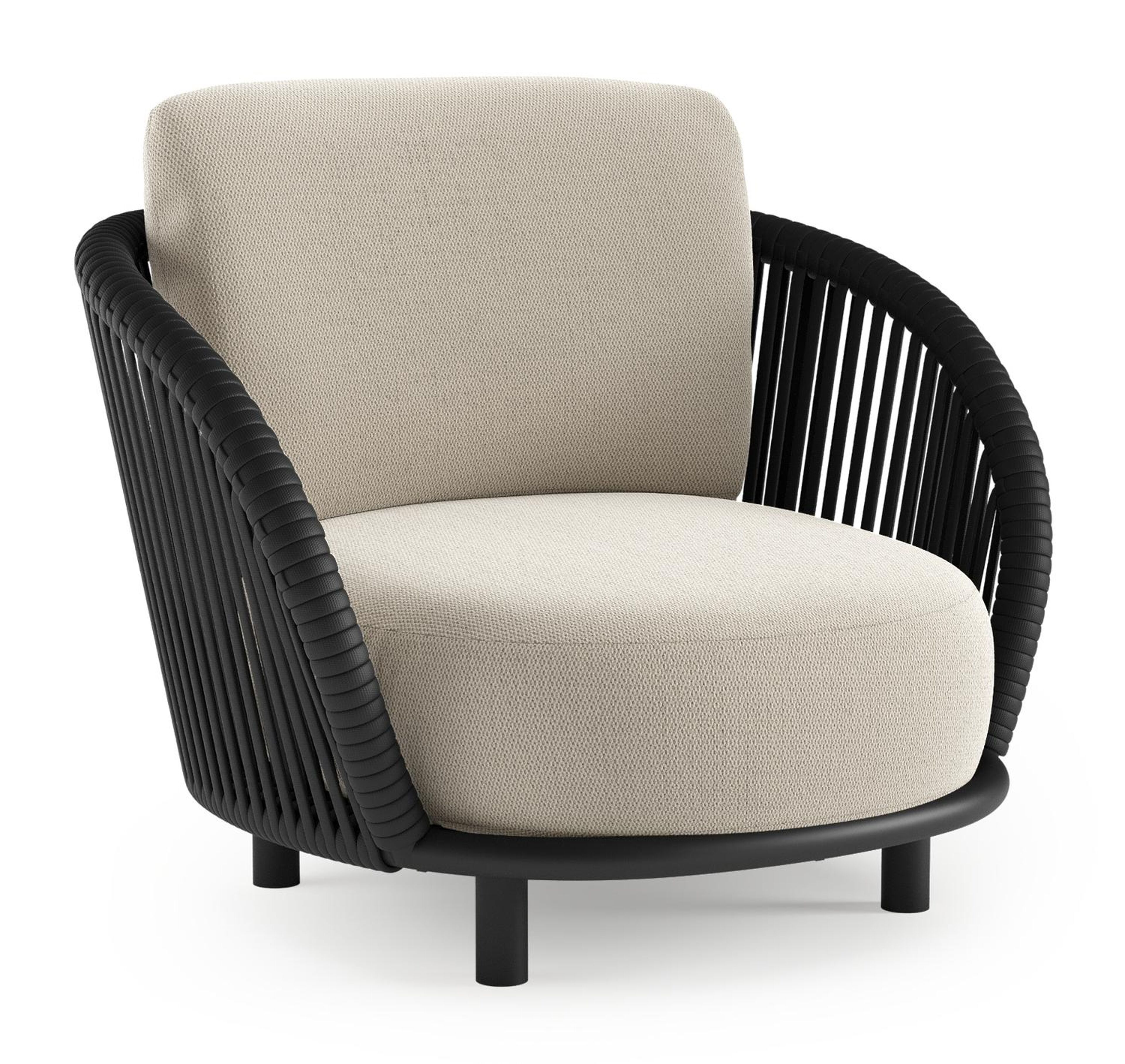 Lupino loungestoel in zwart aluminium en zwart verticaal geweven luxe vlakke brede rope met lopi marble all weather sunbrella® luxe kussen