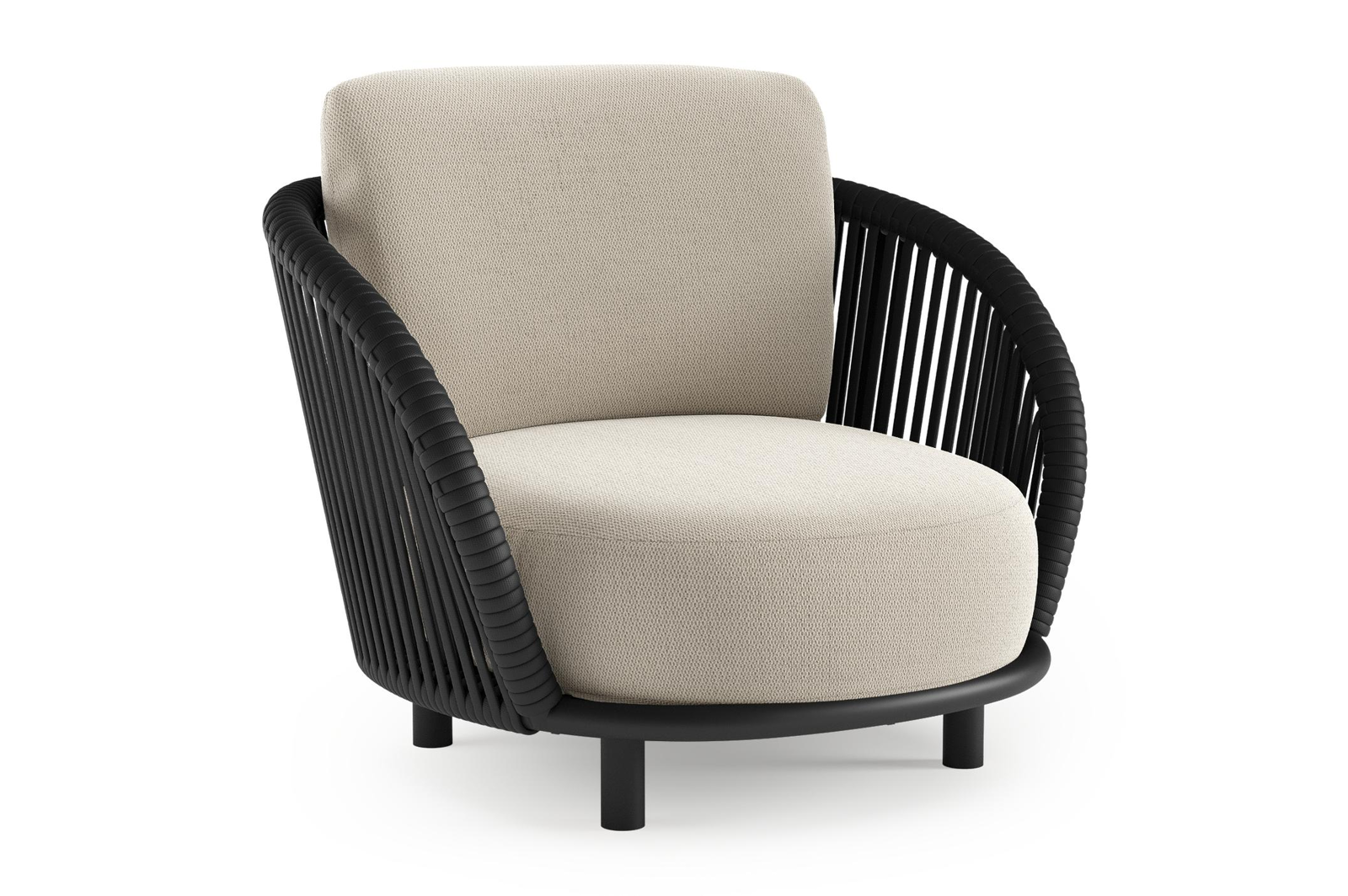 Lupino loungestoel in zwart aluminium en zwart verticaal geweven luxe vlakke brede rope met lopi marble all weather sunbrella® luxe kussen