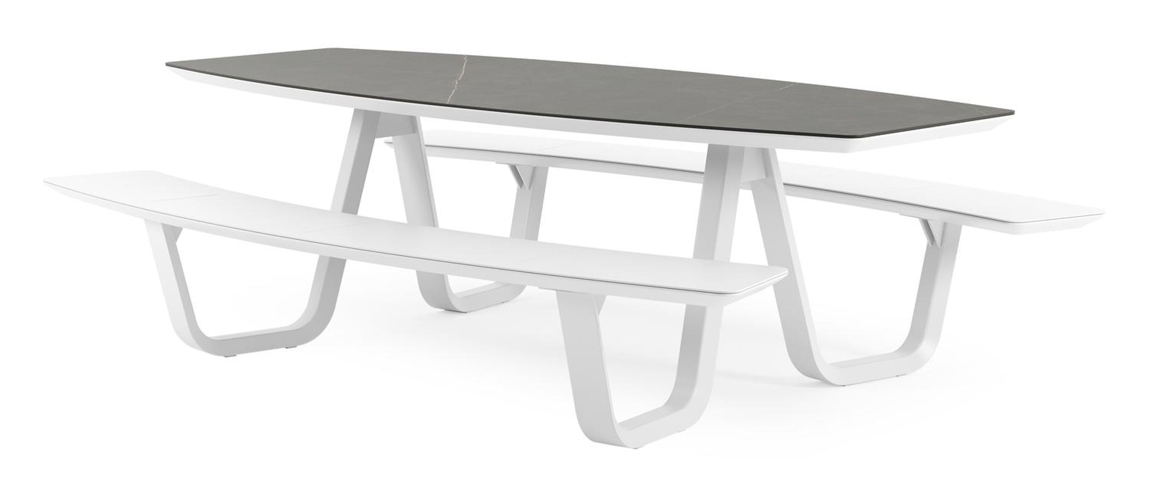Table de pique-nique Forno forme de bateau forme de bateau en aluminium blanc et céramique pleine Calatorao - Lg. 240 x Lrg. 181 x Haut. 72 cm
