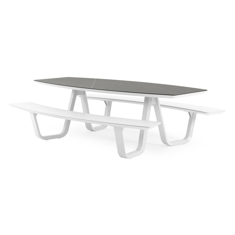 Table de pique-nique Forno forme de bateau forme de bateau en aluminium blanc et céramique pleine Calatorao - Lg. 240 x Lrg. 181 x Haut. 72 cm