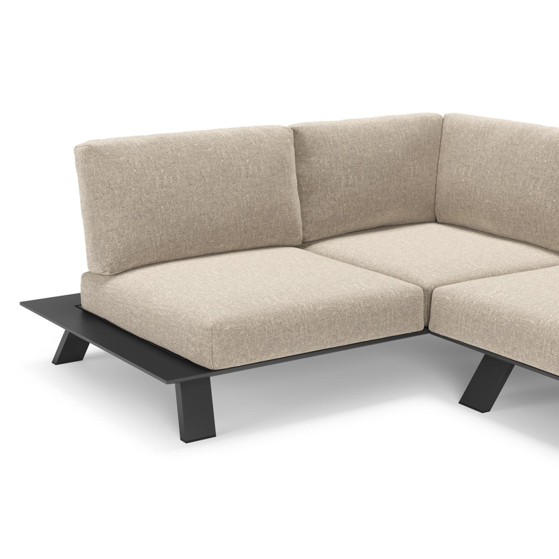 Salon de jardin d'angle Cesano en aluminium noir et coussin en all weather Sunbrella® luxe chartres pewter