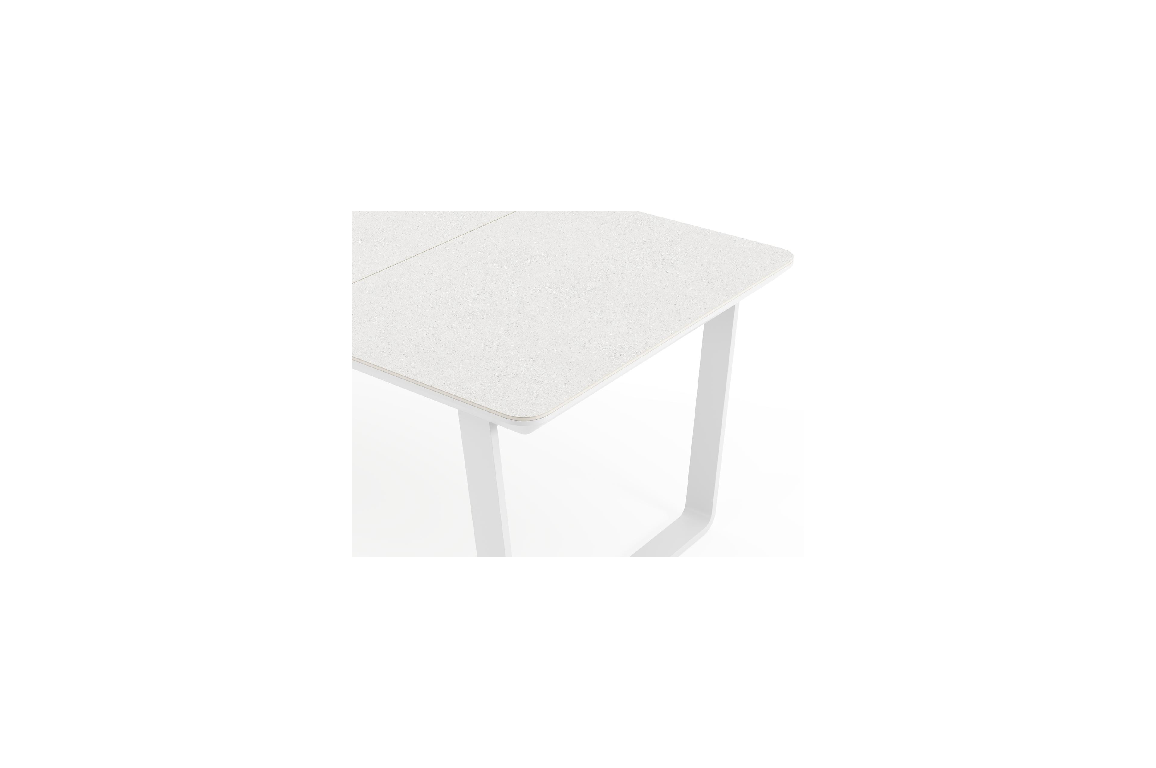 Alora tuinset afgerond rechthoekig in wit aluminium en sintered stone grijs met 6 Bahia tuinstoelen