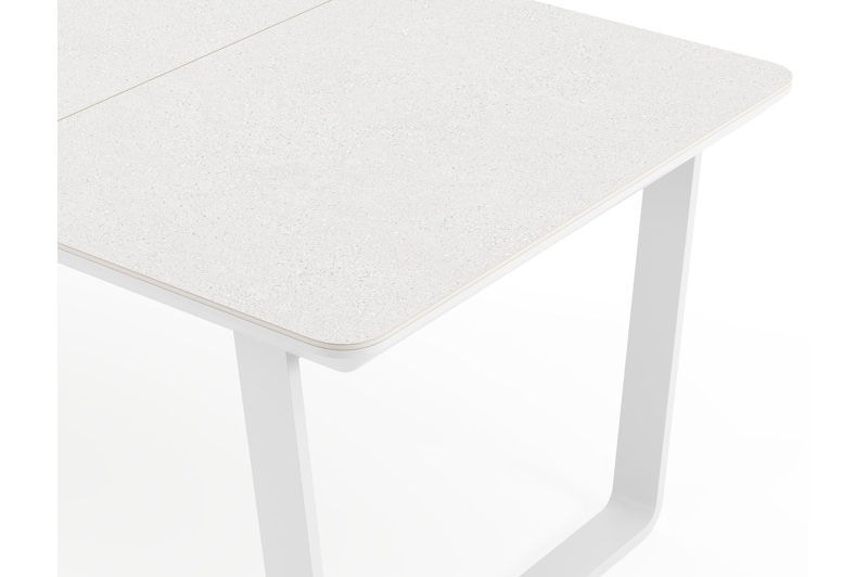 Alora tuinset afgerond rechthoekig in wit aluminium en sintered stone grijs met 6 Bahia tuinstoelen