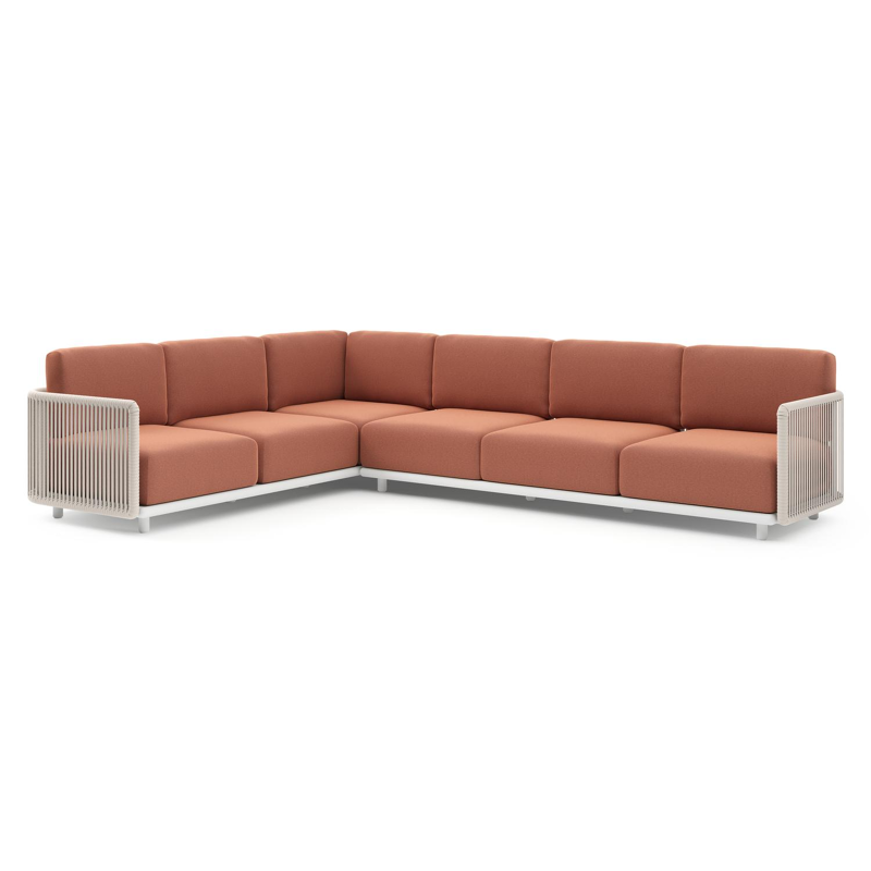 Organo loungehoek in wit aluminium en beige verticaal geweven luxe vlakke rope met heritage rust all weather Sunbrella® luxe kussen