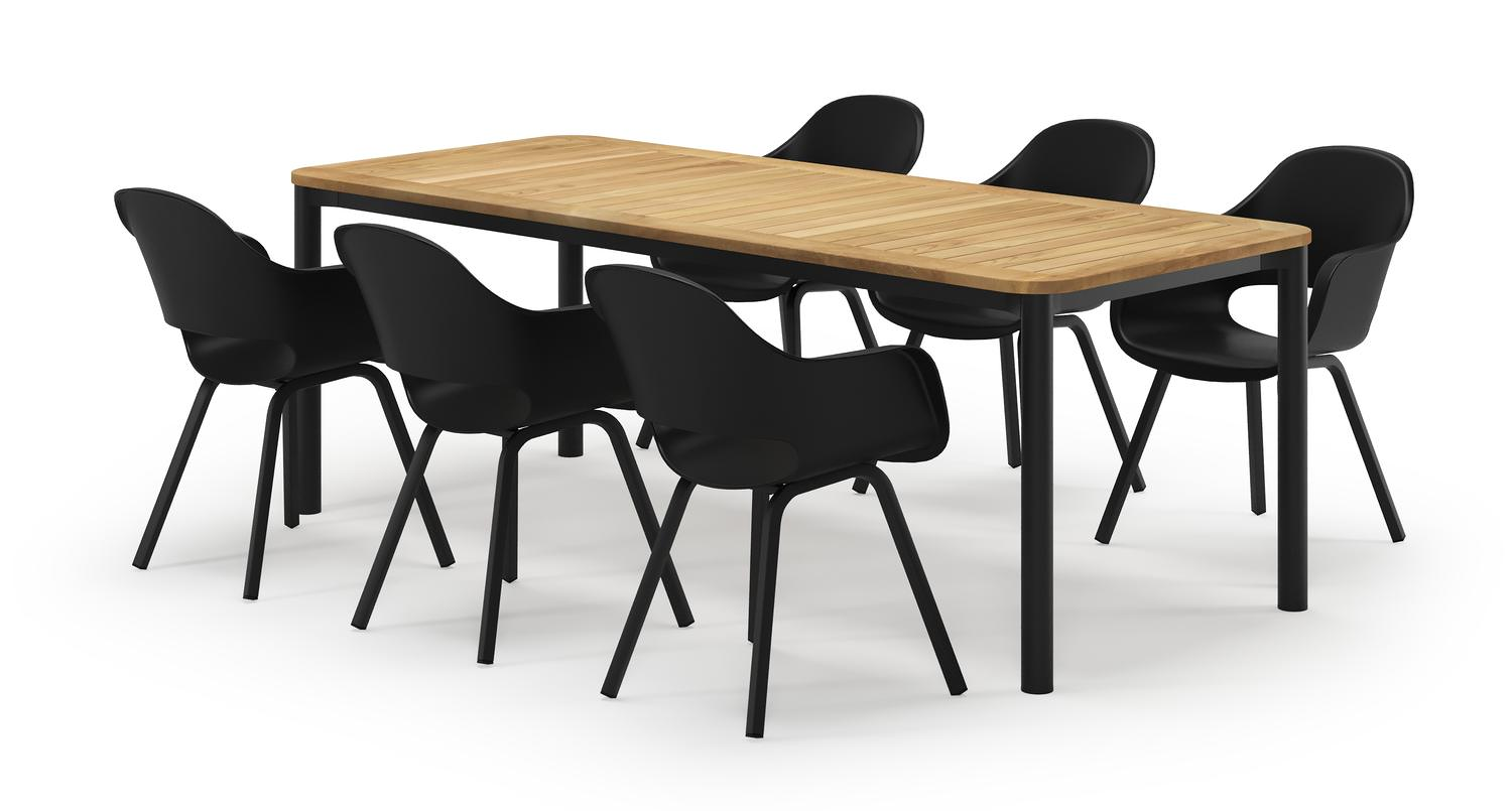 Mira rechthoekige afgeronde tuinset in zwart aluminium en teak natural finish met 6 Artena tuinstoelen