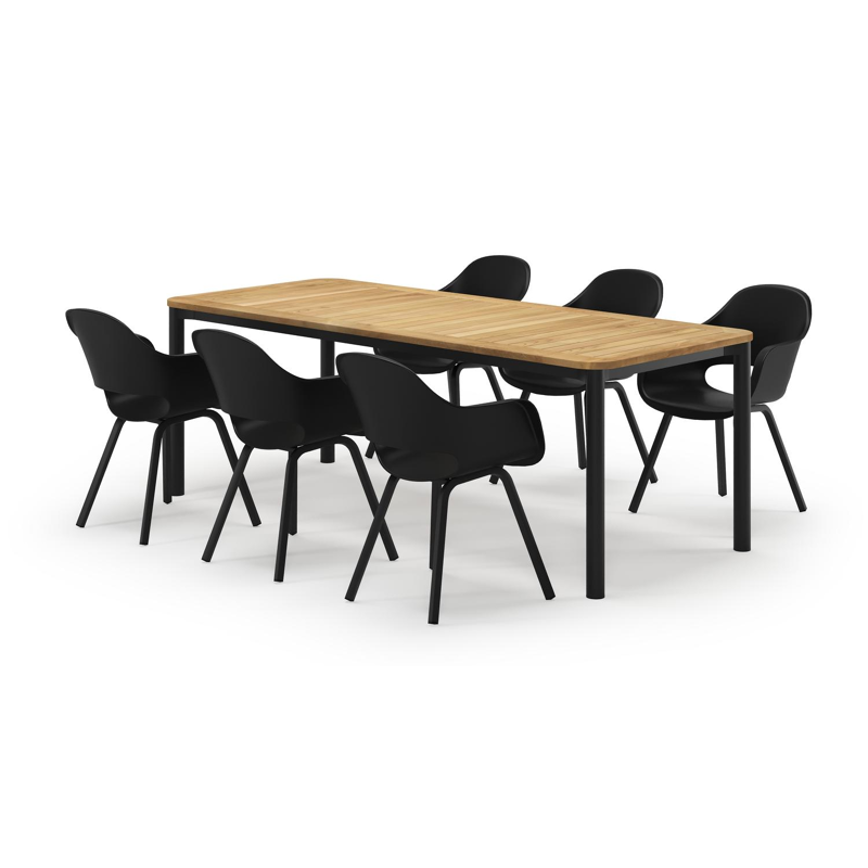 Mira rechthoekige afgeronde tuinset in zwart aluminium en teak natural finish met 6 Artena tuinstoelen