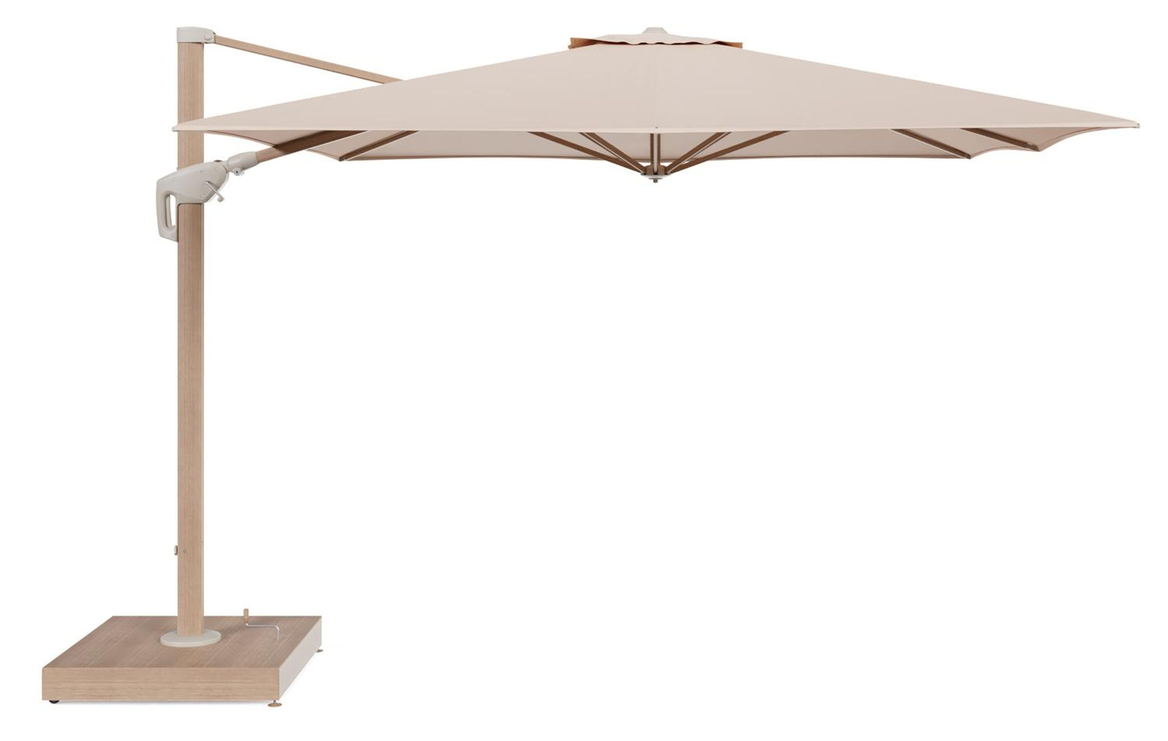 Minore zweefparasol met tiltfunctie in houtlook aluminium en Natte Linen Chalk All Weather Sunbrella® Luxe parasoldoek - L1 350 x L2 350 cm met parasolvoet Minore 260 kg met wielen