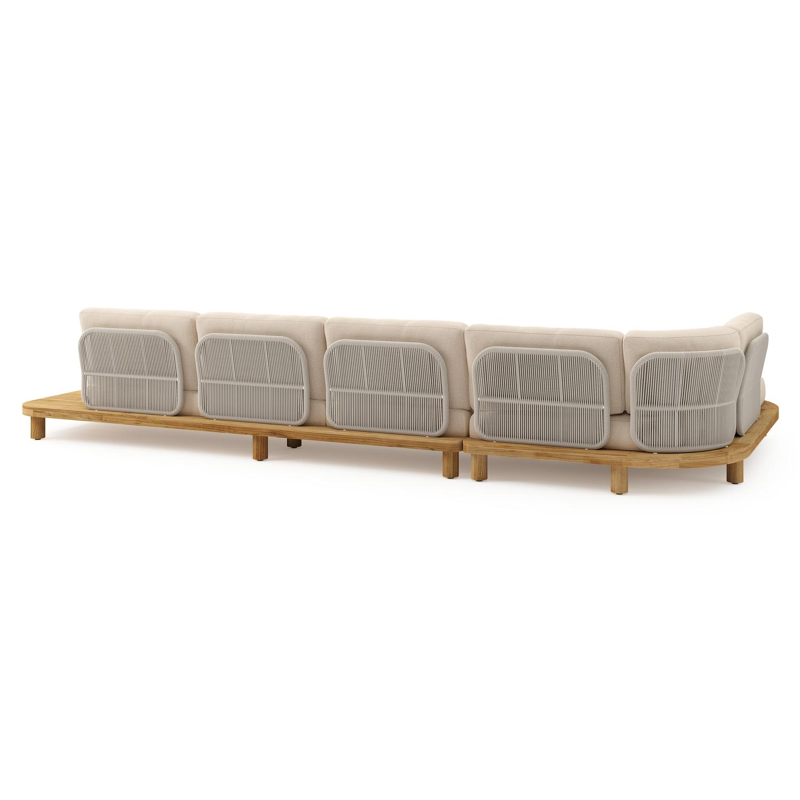 Donato loungehoek in teak en beige verticaal geweven ronde rope met all weather sunbrella® luxe Heritage Papyrus kussen