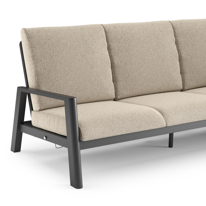 Canapé de jardin Cirello en aluminium noir et coussins en all weather cosytica bora desert