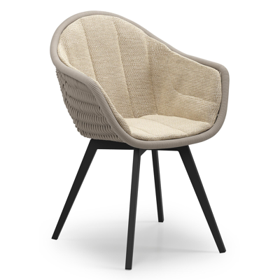 Pagino tuinstoel in zwart aluminium en beige verticaal geweven ronde rope met zitkussen in All Weather Cosytica Althea Camel
