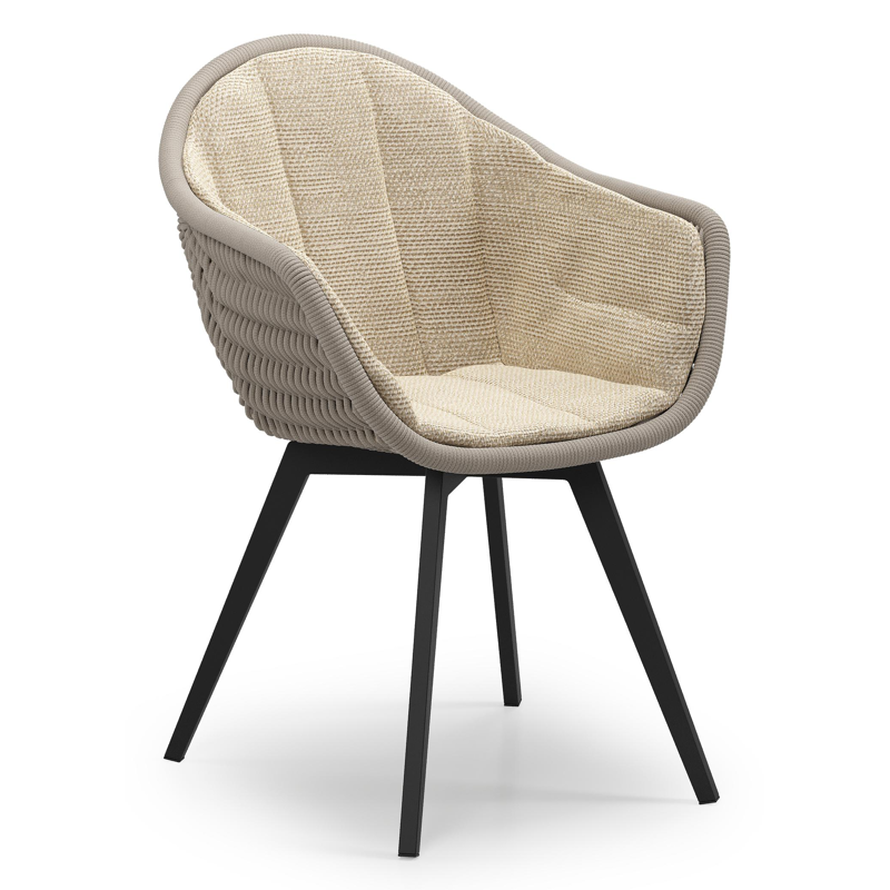 Pagino tuinstoel in zwart aluminium en beige verticaal geweven ronde rope met zitkussen in All Weather Cosytica Althea Camel