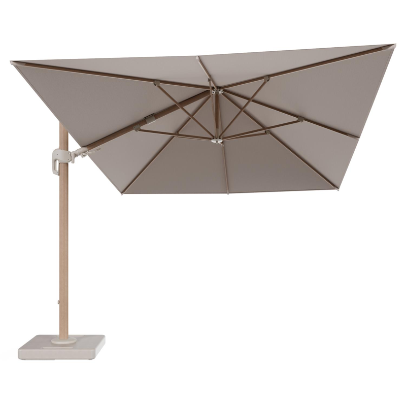 Rufina zweefparasol tiltfunctie in houtlook aluminium en parasoldoek in All Weather Sunbrella® Luxe Wander Pilat - L1 400 x L2 300 cm met parasolvoet Lapido 160 kg