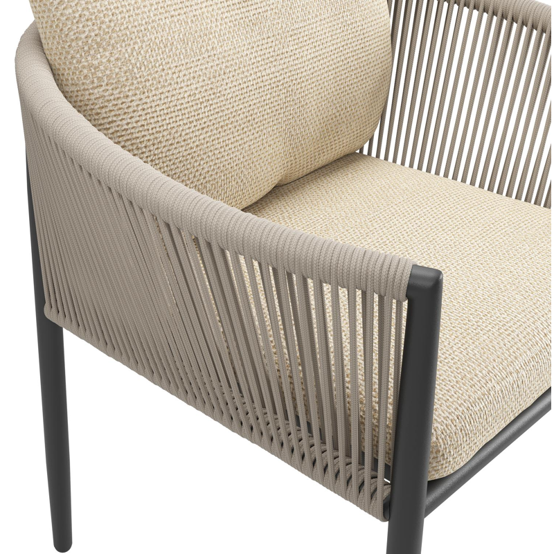 Organo tuinstoel in zwart aluminium en zwart verticaal geweven ronde rope met stoelkussen in All Weather Cosytica Althea Camel