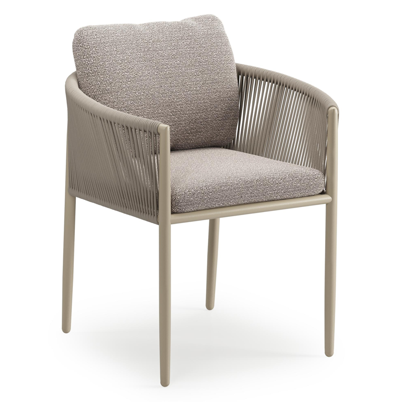 Organo tuinstoel in zwart aluminium en beige verticaal geweven ronde rope met stoelkussen in All Weather Sunbrella® Luxe Wander Granite