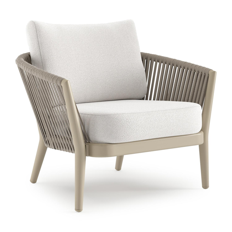 Fauteuil de jardin Orso en aluminium beige en corde luxe plate tissée verticalement beige et coussins en all weather solica Soul Optik
