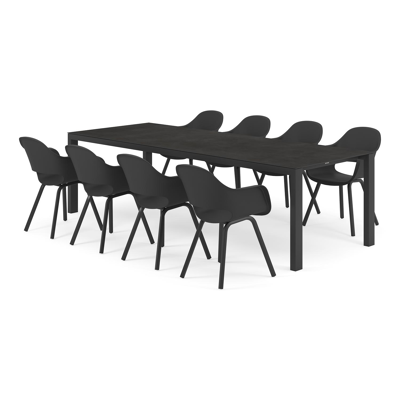 Trente tuinset in zwart aluminium en zwart volkeramiek tafelblad met 8 Artena tuinstoelen