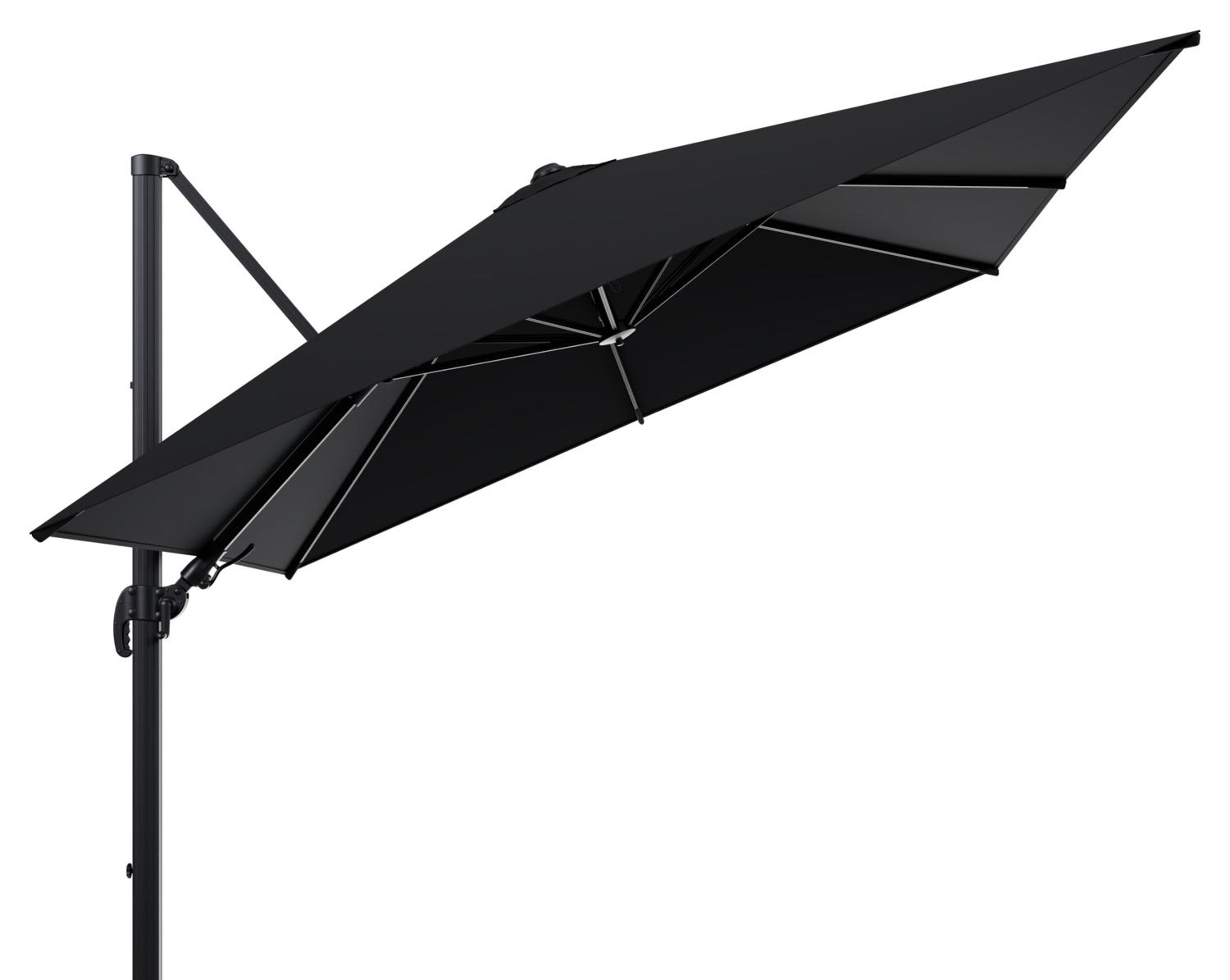 Avola zweefparasol met tiltfunctie in zwart aluminium met zwart sunbrella® premium parasoldoek - L1 300 x L2 300 cm (zonder voet)