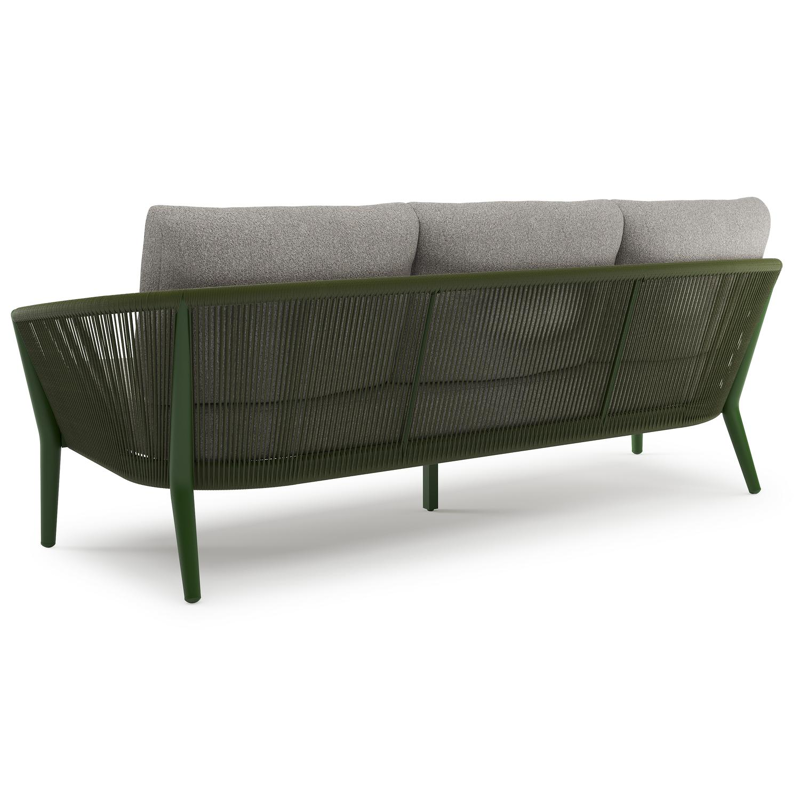 Orso loungebank in groen aluminium en groen verticaal geweven ronde rope met Tundra Charcoal all weather sunbrella® luxe kussen